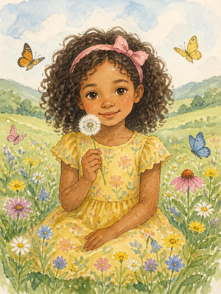 Página ilustrada de uma história personalizada em aquarela